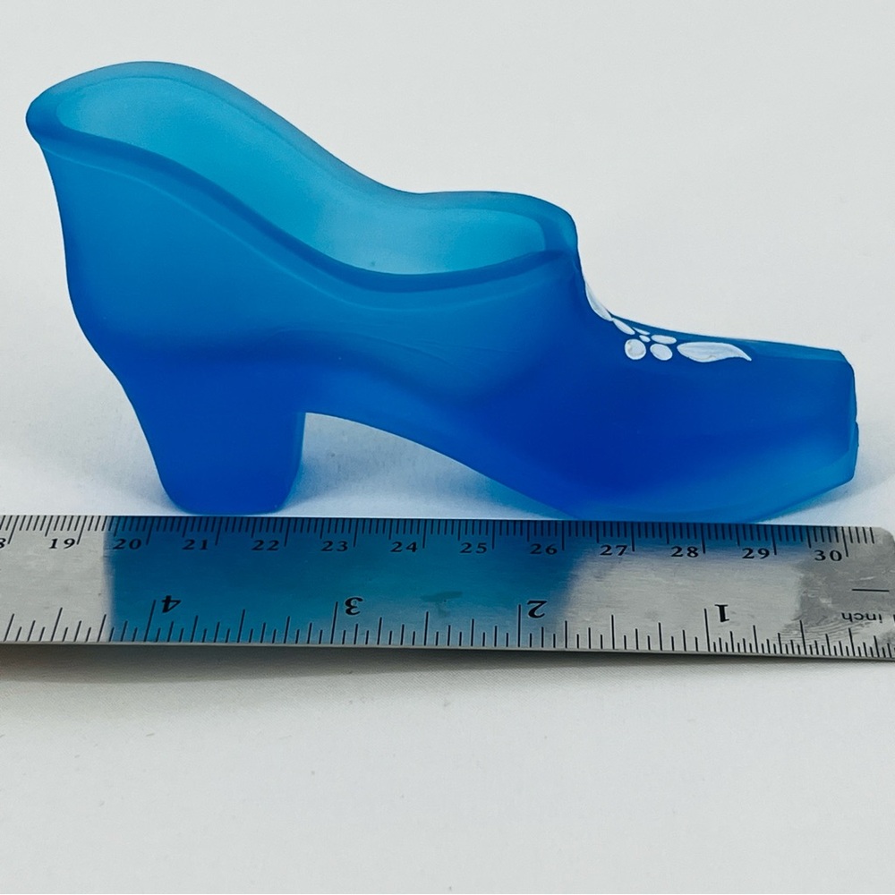Westmoreland Blue Satin Glass Shoe Slipper Hand Painted Flowers Vintage - Picture 13 of 13